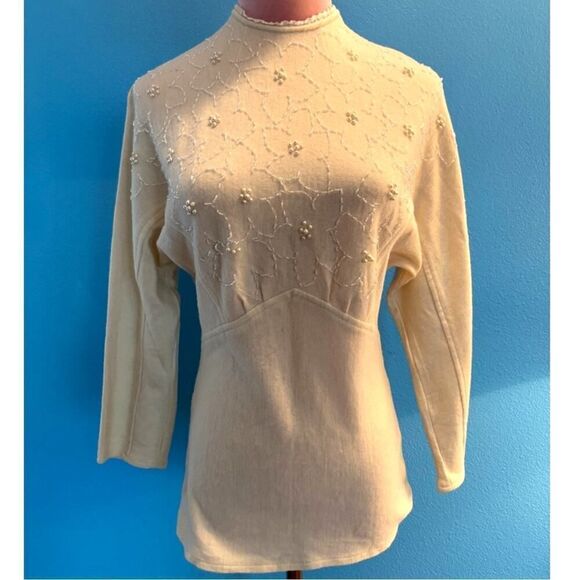 Vintage '89 Nina Lee Beaded Wool Knit Sweater Top IVORY Back Zipper - Picture 1 of 7